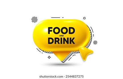 Click here speech bubble 3d icon. Food and Drink tag. Kitchen food offer. Restaurant menu. Food and Drink chat offer. Speech bubble banner. Text box balloon. Vector