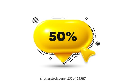 Click here speech bubble 3d icon. 50 percent off sale tag. Discount offer price sign. Special offer symbol. Discount chat offer. Speech bubble banner. Text box balloon. Vector