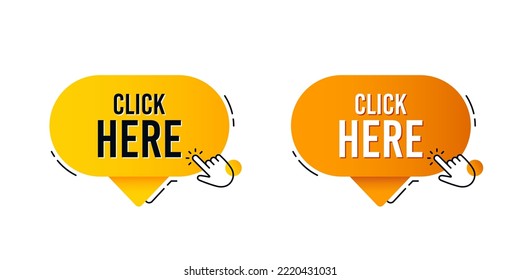 Click here speech bubble with hand clicking icon. Press internet web button. Click here chat bubble with hand cursor. Website promotion tag banner. Clicking offer button. Vector