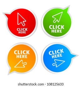 Click here stickers, vector illustration