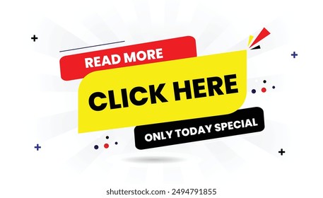 Click here for today's special offer! Eye catching Read More banner template design with white background, shining red, light yellow, and black shapes; ideal for promotions, sales, and special deals 