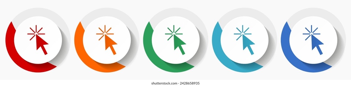 Click here vector icon set, flat icons for logo design, webdesign and mobile applications, colorful round buttons