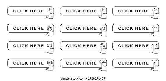 Click here vector web button. Isolated website buy or register bar icon with hand finger clicking cursor for buy or register design template. Vector illustration.