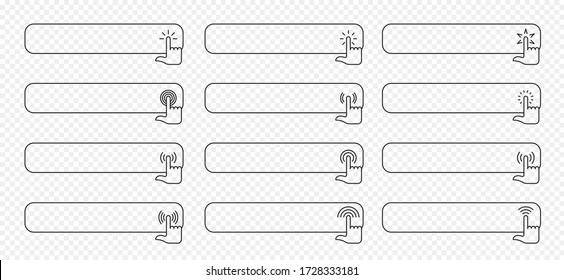 Click here vector web button set. Isolated website buy or register bar icons with hand finger clicking cursor for buy or register design template. Vector illustration.