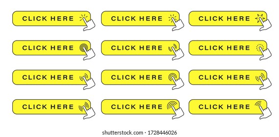 Click here vector web button. Isolated website buy or register bar icon with hand finger clicking cursor for buy or register design template. Vector illustration.