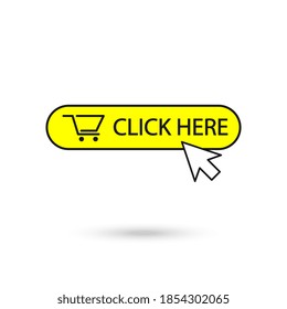 Click here vector web button. Isolated website buy yellow bar icon with clicking cursor.