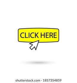 Click here vector web button. Isolated website buy yellow bar icon with clicking cursor.