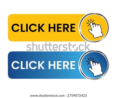 Click Here Web Button Set- Blue and Yellow Gradient Banners with Chrome Metallic Circular Play Icons and Mouse Clicking Hand Cursor