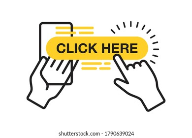 Click Here web button template in creative thin line decoration with phone in hands and touch gesture