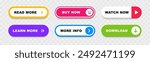 Click Here Web Buttons. Action button set. Read more, learn more, buy now, watch now, download, more info buttons. Vector illustration.