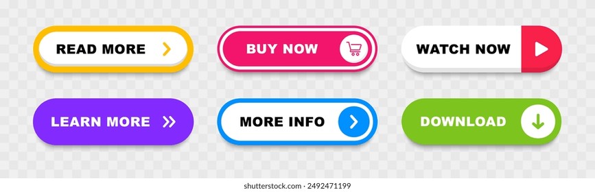 Click Here Web Buttons. Action button set. Read more, learn more, buy now, watch now, download, more info buttons. Vector illustration.