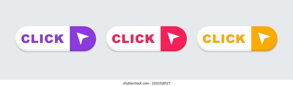 Click Here Web Buttons. Click Button With Arrow. Clicking The Icon. Action Button Click Here With Arrow Pointer. Vector Illustration.