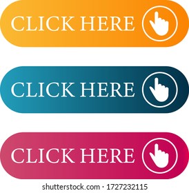 Click here web buttons flat design template with color gradient. Vector isolated rectangular rounded web button elements set isolated on white background. Vector illustration eps10