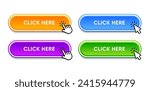 Click here web buttons with hand cursor. Set of action button with arrow pointer. Click button. Modern action button mouse click symbol. Computer mouse click cursor or Hand pointer symbol.