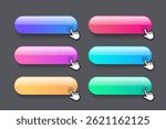 Click here web buttons with hand cursor. Set of action button with arrow pointer. Click button. Modern action button mouse click symbol. Computer mouse click cursor or Hand pointer symbol.