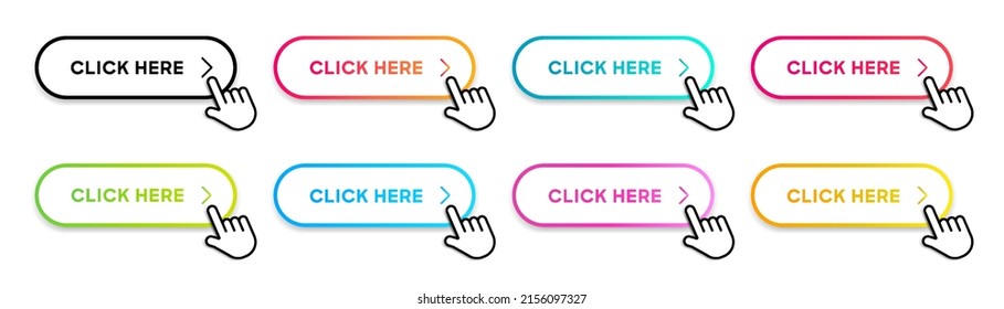 Click here web buttons with hand cursor. Set of action button with arrow pointer. Click button. Modern action button mouse click symbol. Computer mouse click cursor or Hand pointer symbol.