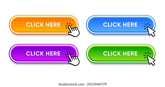 Click here web buttons with hand cursor. Set of action button with arrow pointer. Click button. Modern action button mouse click symbol. Computer mouse click cursor or Hand pointer symbol.