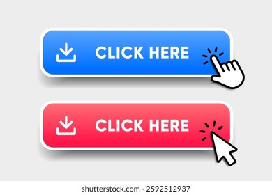 Click here web buttons with hand cursor. Set of action button with arrow pointer. Click button. Modern action button mouse click symbol. Computer mouse click cursor or Hand pointer symbol.