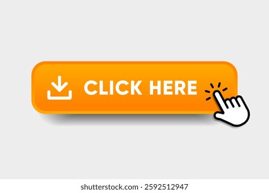 Click here web buttons with hand cursor. Set of action button with arrow pointer. Click button. Modern action button mouse click symbol. Computer mouse click cursor or Hand pointer symbol.