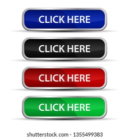 Click here web buttons with metallic frame isolated on white background