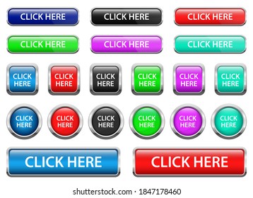 Click here web buttons with metallic frame isolated on white background