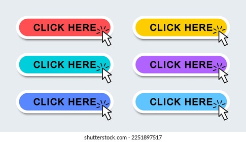 Click here web buttons. Modern buttons click here arrow pointer clicking. Call to Action Button. Vector illustration.