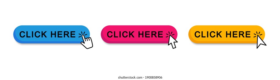 Click here web buttons. Set of action button click here with arrow pointer. Vector illustration.