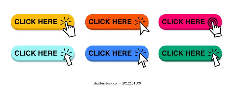 Click here web buttons. Set of colorful action buttons click here with arrow pointers. Vector illustration eps 10