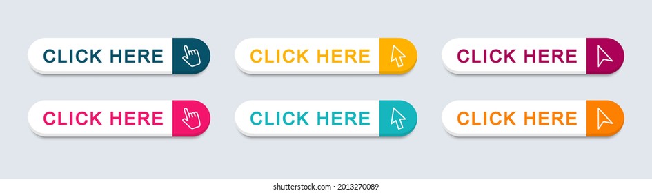 Click here web buttons. Set of action button click here with arrow pointer. Vector illustration.