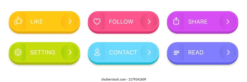 Click here web buttons. Set of action button like more contact setting read learn share follow add. Click button. Modern action button mouse click symbol.