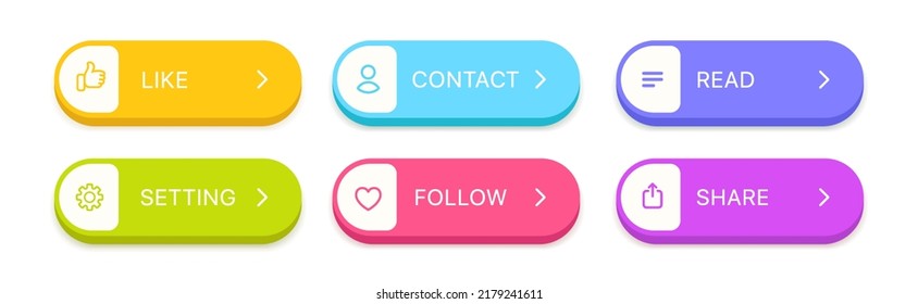 Click here web buttons. Set of action button like more contact setting read learn share follow add. Click button. Modern action button mouse click symbol.