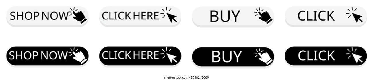 Click here web buttons set with action icons for online shopping