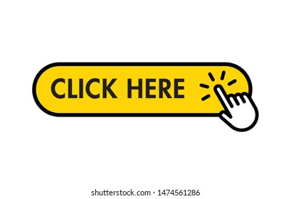 Click here yellow button with hand clicking. Isolated vector.