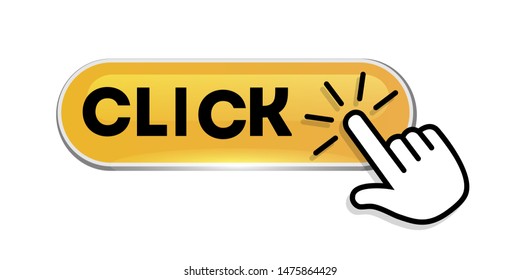 Click here a yellow button with a hand icon. Vector click web sign cursor symbol. Button isolated

