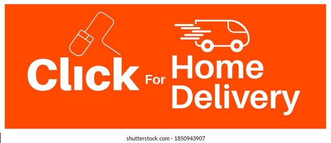 Click for home delivery internet shopping concept on a green background