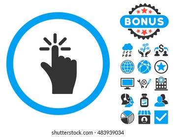 Click icon with bonus images. Vector illustration style is flat iconic bicolor symbols, blue and gray colors, white background.