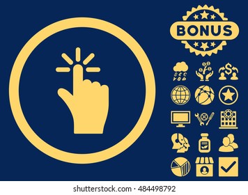 Click icon with bonus pictogram. Vector illustration style is flat iconic symbols, yellow color, blue background.