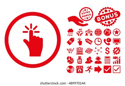 Click icon with bonus pictogram. Vector illustration style is flat iconic symbols, red color, white background.