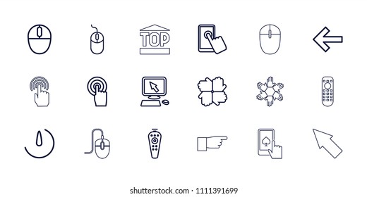 Click icon. collection of 18 click outline icons such as pointer on display, mouse, hands, touchscreen, remote control, back. editable click icons for web and mobile.