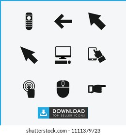Click icon. collection of 9 click filled icons such as pointing, pointer, touchscreen, back, pointer on display, remote control. editable click icons for web and mobile.