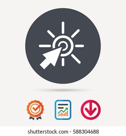 Click icon. Computer mouse cursor symbol. Report document, award medal with tick and new tag signs. Colored flat web icons. Vector