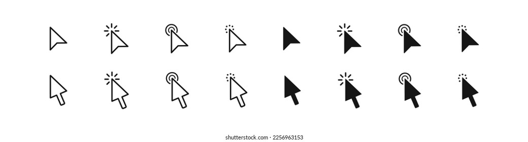 Click icon. Cursor symbol. Mouse pointer signs. Computer interface symbols. Touch icons. Black color. Vector isolated sign.