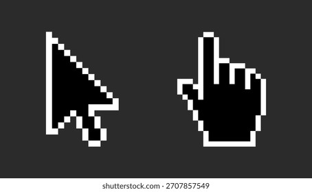 Icono de Hacer clic aislado sobre fondo negro. Símbolo de píxel de cursor moderno, simple, Vector, ícono para diseño de Sitio web, App móvil, interfaz de usuario. Vector 10 eps.