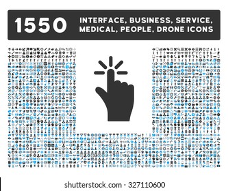 Click icon and other web interface, business, tools, people, medical service and awards vector symbols. Style is bicolor flat symbols, blue and gray colors, rounded angles, white background.