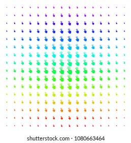 Click icon rainbow colored halftone pattern. Vector click items organized into halftone grid with vertical rainbow colors gradient. Designed for backgrounds, covers and abstract compositions.