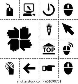 Click icon. set of 13 filled clickicons such as pointer on display, pointing, mouse, top of cargo box, remote control, touchscreen, stopwatch camera, computer mouse, pointer