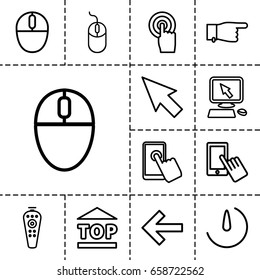 Click icon. set of 13 outline clickicons such as pointer on display, finger on display, pointing, mouse, top of cargo box, remote control, touchscreen, stopwatch camera