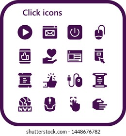 click icon set. 16 filled click icons.  Collection Of - Play, Website, Power, Mouse, Like, Hand, Web, Click, Scroll, Www, Touch