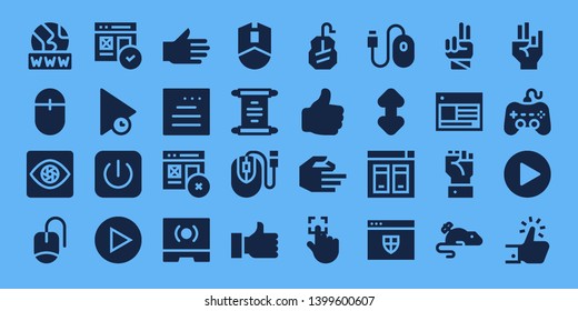 click icon set. 32 filled click icons. on blue background style Simple modern icons about  - Www, Mouse, Capture, Web, Play, Power, Hand, Website, Touch screen, Scroll, Thumb up
