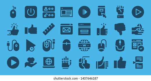 click icon set. 32 filled click icons. on blue background style Simple modern icons about  - Mouse, Like, Play, Power, Thumb up, Hand, Access, Finger, Internet, Web, Website, Clicking